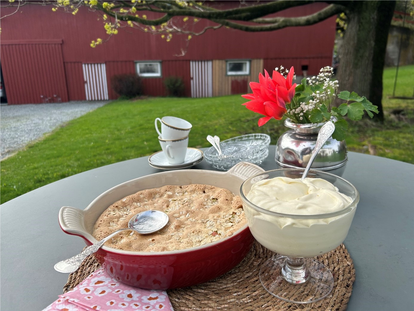Rabarbrakake med havregrynmarengs og pisket krem